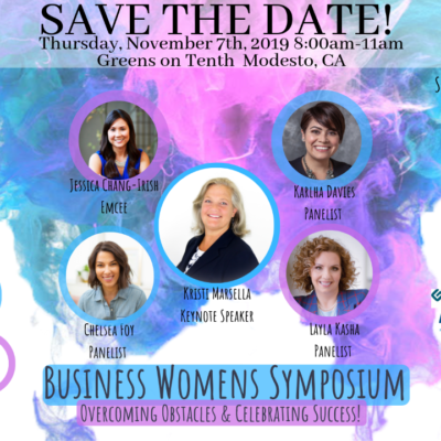 Save the Date flyer for 5th annual business women's symposium. featuring keynote speaker and panelist.